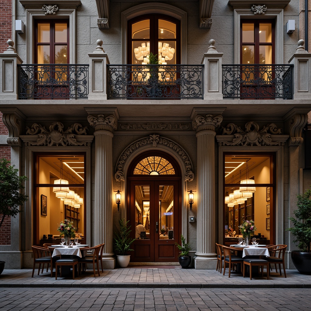 Prompt: Elegant restaurant facade, ornate neoclassical details, grand entrance, fluted columns, carved stone architraves, intricate moldings, rustic brick walls, ornamental metalwork, lavish balconies, refined wooden doors, bronze hardware, opulent chandeliers, soft warm lighting, shallow depth of field, 2/3 composition, symmetrical architecture, classical proportions, rich textures, ambient occlusion.