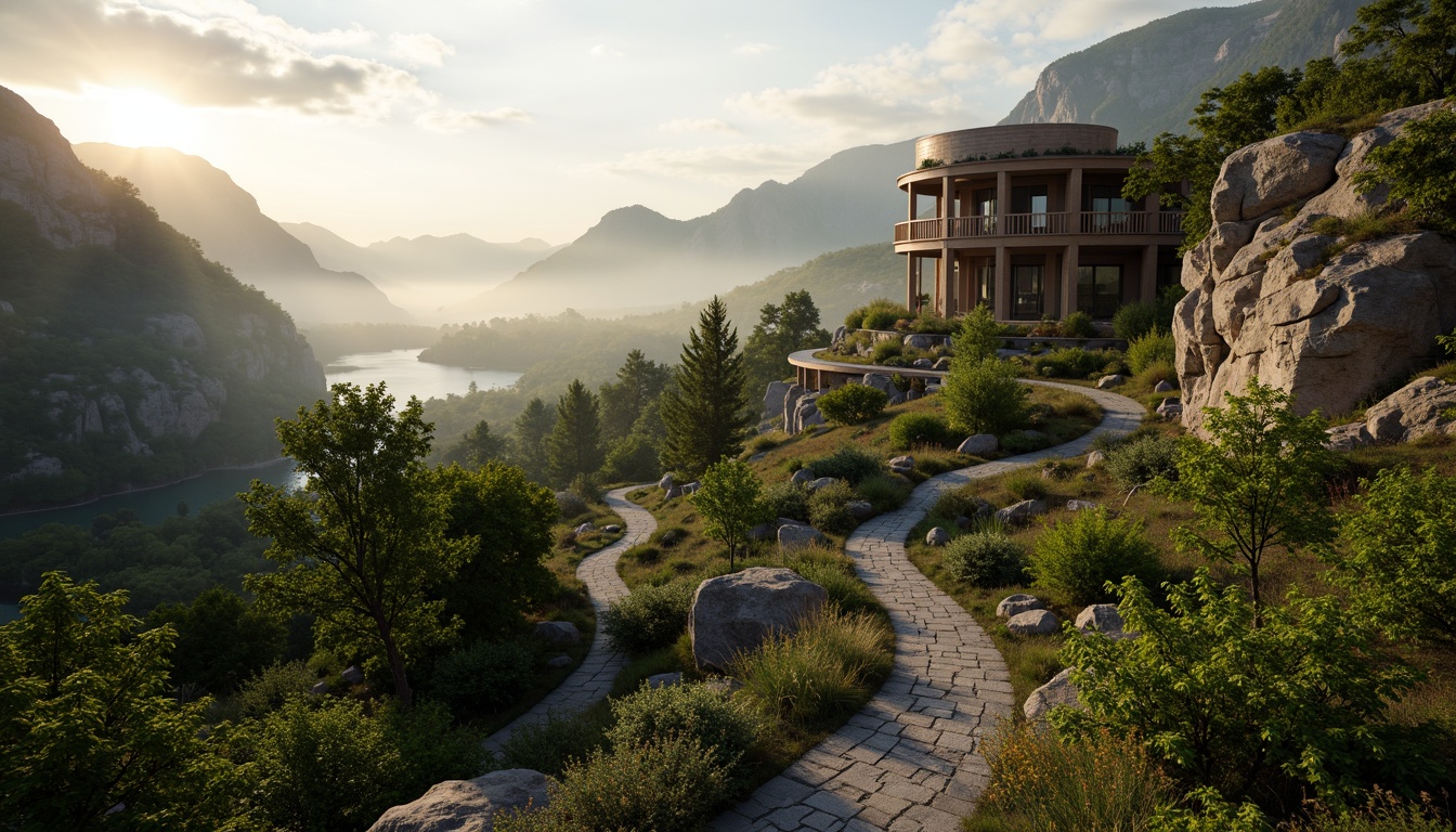 Prompt: Scenic watching tower, rugged mountainous terrain, lush green forests, winding stone pathways, elevated observation decks, panoramic views, misty atmosphere, dramatic lighting effects, rustic wooden accents, natural rock formations, cascading water features, serene lakeside settings, distant horizon lines, 1/2 composition, warm golden hour lighting, soft focus blur, realistic foliage textures.