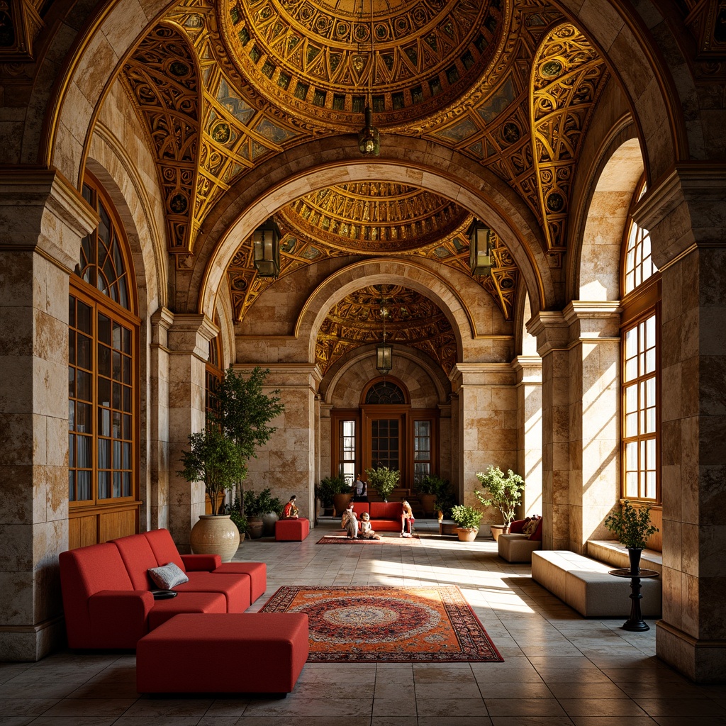 Prompt: Byzantine-inspired interior, golden mosaics, intricate stone patterns, ornate archways, grand domes, luxurious furnishings, rich textiles, vibrant jewel tones, warm ambient lighting, shallow depth of field, 3/4 composition, realistic textures, subtle animations.