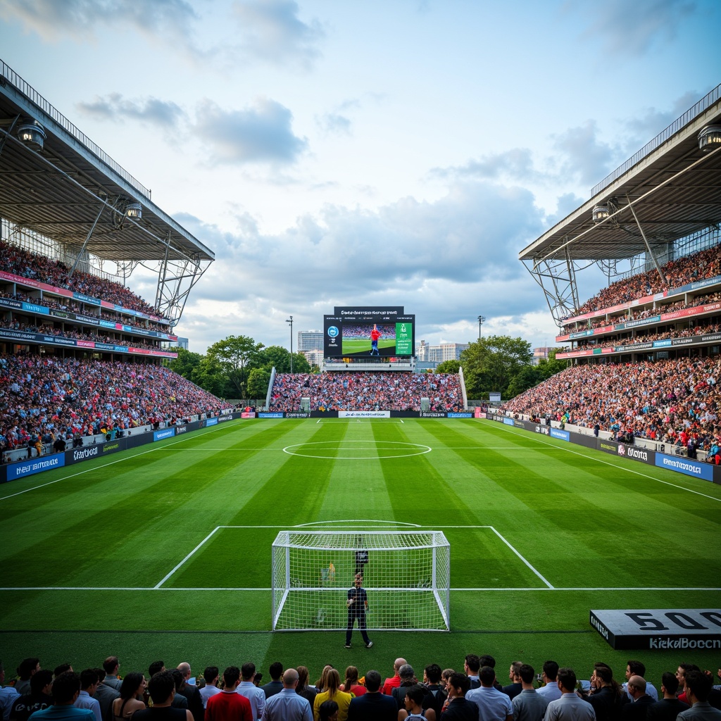 Prompt: Green soccer field, white goalposts, vibrant crowd seating, modern stadium architecture, cantilevered roofs, large video screens, floodlighting systems, grassy berms, athletic track surfaces, spectator concourses, concession stands, restrooms, VIP lounges, press boxes, announcer booths, referee rooms, player dugouts, tunnel entrances, locker rooms, sports medicine facilities, natural ventilation systems, open-air design, 1/2 composition, shallow depth of field, realistic textures, ambient occlusion.