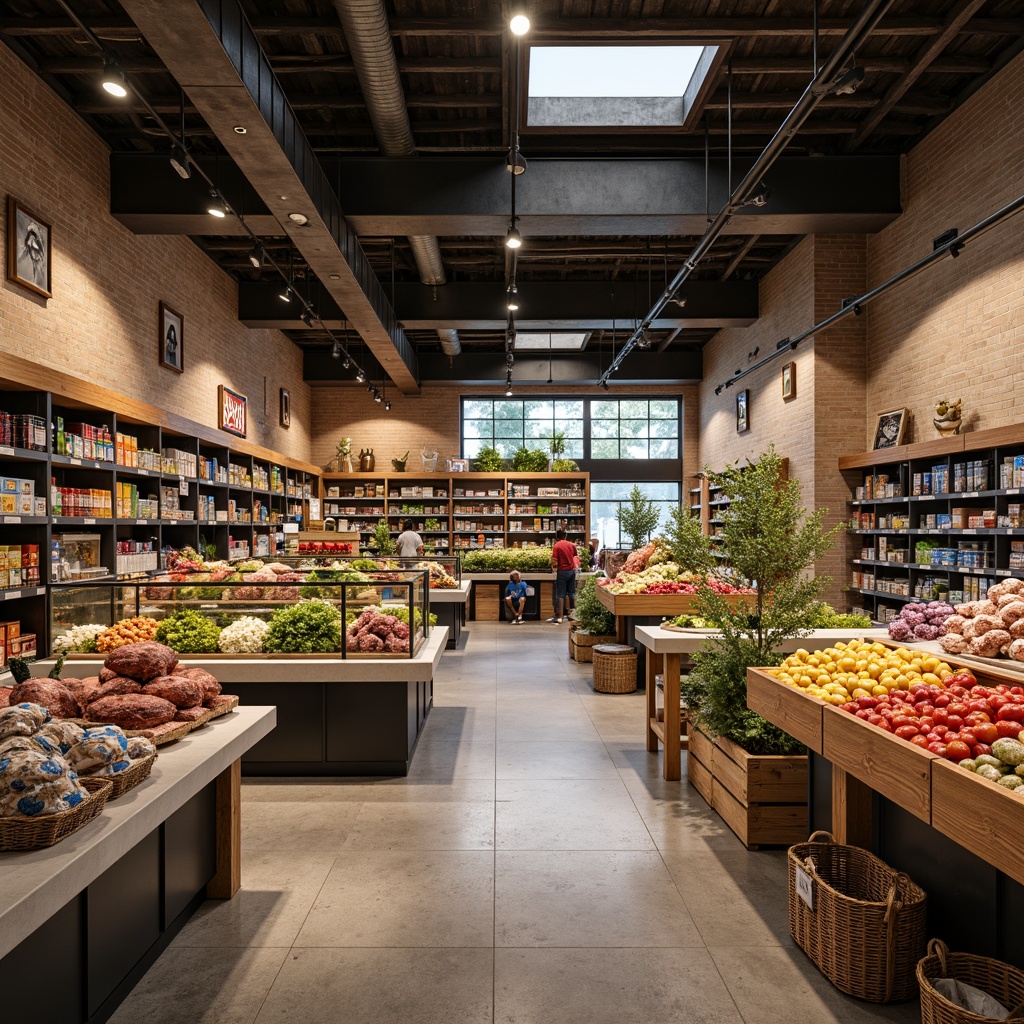 Prompt: Vibrant grocery store interior, polished concrete floors, wooden shelves, matte metal racks, glass display cases, ceramic tile walls, natural stone countertops, earthy tone color scheme, modern industrial architecture, high ceilings, skylights, warm soft lighting, shallow depth of field, 3/4 composition, realistic textures, ambient occlusion, abundant fresh produce displays, colorful packaging designs, rustic wooden crates, woven wicker baskets.