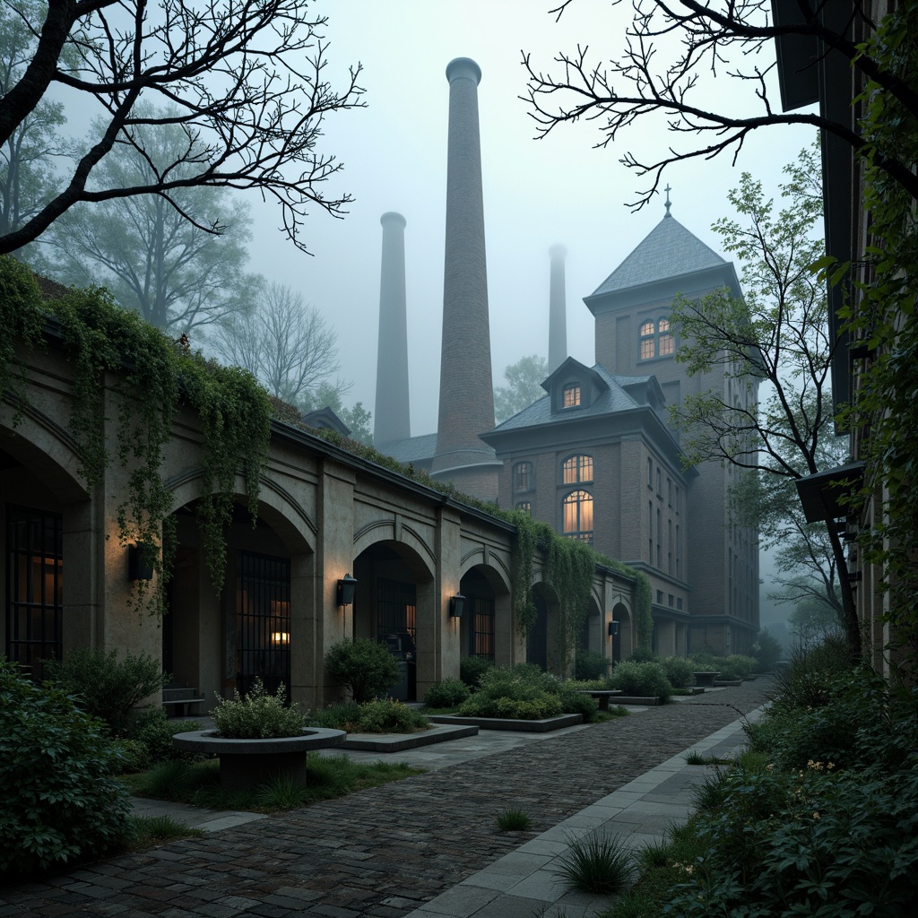 Prompt: Mysterious industrial landscape, Gothic-styled energy plant, towering chimneys, intricate stonework, ivy-covered walls, overgrown gardens, misty atmosphere, dramatic lighting, foggy dawn, eerie silence, abandoned machinery, rusty pipes, moss-covered walkways, ancient trees, twisted branches, gnarled roots, weathered stone benches, forgotten pathways, crumbling arches, ornate iron gates, mystical ambiance, cinematic mood, 1/1 composition, low-key lighting, realistic textures.