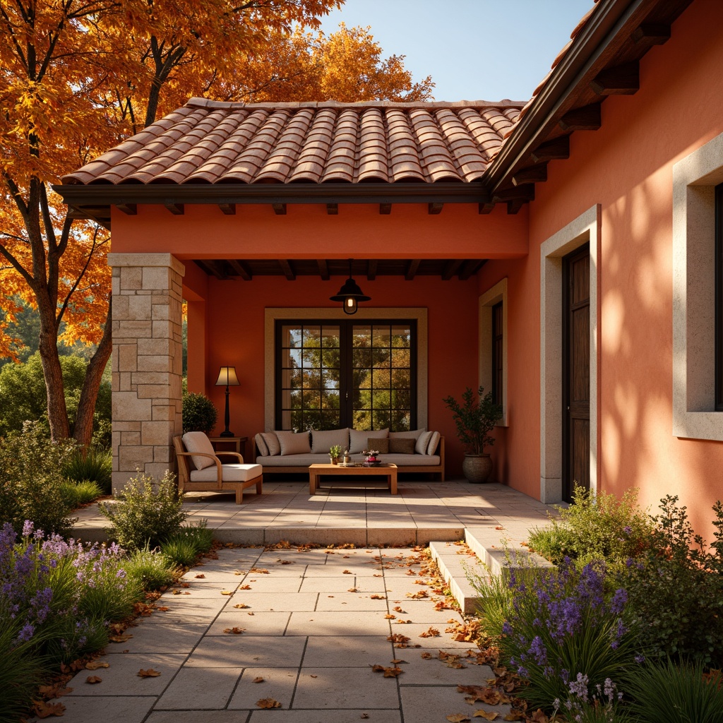 Prompt: Warm persimmon hue, earthy tone, rich orange-red walls, rustic terracotta roofing, natural stone accents, wooden beam ceilings, cozy intimate spaces, autumnal foliage, vibrant greenery, sun-kissed exterior, warm golden lighting, shallow depth of field, 1/1 composition, realistic textures, ambient occlusion.