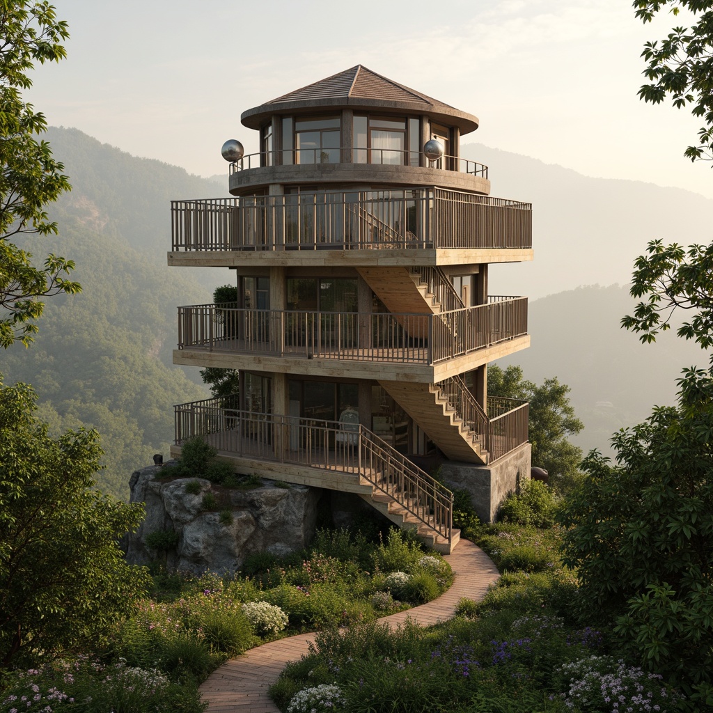 Prompt: Panoramic viewing tower, winding staircases, rustic wooden accents, natural stone foundations, lush greenery integration, blooming wildflowers, meandering walking paths, scenic lookout points, binocular installations, weathered metal railings, earthy color palette, organic architectural forms, seamless landscape blending, misty morning atmosphere, warm golden lighting, 1/2 composition, atmospheric perspective, realistic foliage textures, subtle ambient occlusion.