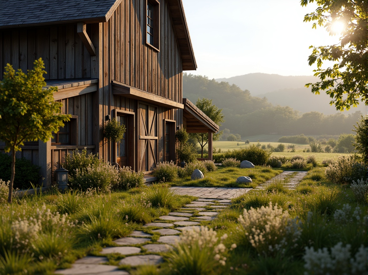 Prompt: Rustic barn, vintage farmhouse, rolling hills, lush green meadows, wildflower fields, wooden fences, stone pathways, rural landscape, serene atmosphere, warm natural light, soft focus, shallow depth of field, 1/1 composition, earthy tones, weathered wood textures, distressed metal accents, traditional architectural elements, ornate wooden doors, rustic lanterns, blooming gardens, misty morning, peaceful ambiance.