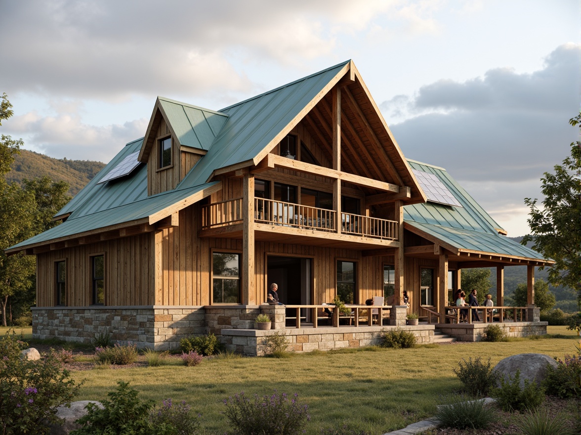 Prompt: Rustic barn, traditional academic style, wooden trusses, exposed beams, innovative roof structure, green roofs, solar panels, skylights, natural ventilation, earthy tones, weathered wood, corrugated metal sheets, rustic stone walls, rolling hills, countryside landscape, cloudy sky, soft warm lighting, 1/2 composition, shallow depth of field, realistic textures, ambient occlusion.