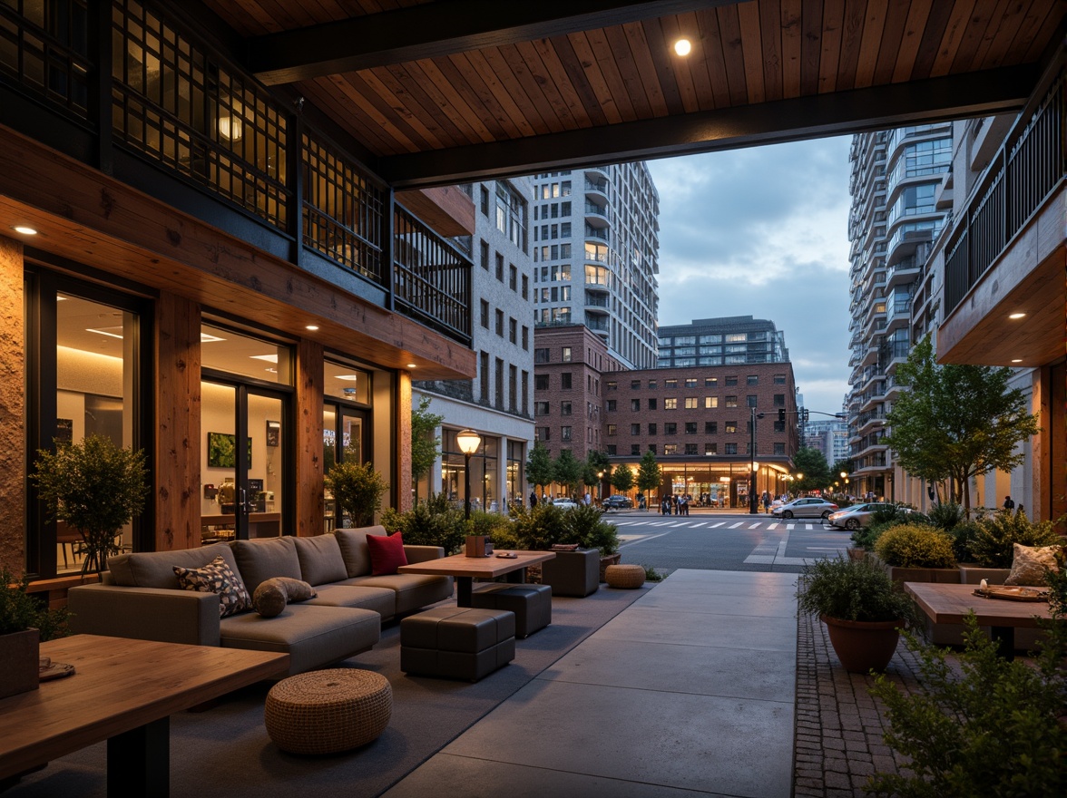 Prompt: Urban cityscape, contemporary architecture, Chukum wood accents, rough-hewn textures, earthy tones, industrial chic aesthetic, metal beams, exposed brick walls, concrete floors, modern skyscrapers, bustling streets, vibrant city lights, cloudy sky, dramatic shadows, low-angle photography, cinematic composition, gritty urban feel, atmospheric mist, warm golden lighting.