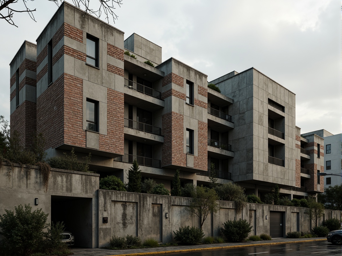 Prompt: Gritty brutalist building, rough-hewn concrete walls, weathered steel beams, industrial metal accents, muted earth tones, raw brick textures, bold geometric shapes, fortress-like structure, imposing fa\u00e7ade, stark urban landscape, overcast skies, dramatic shadows, high-contrast lighting, gritty realistic render, cinematic composition, atmospheric depth of field, 2/3 perspective, detailed stone patterns, moss-covered walls, rusty metal railings.