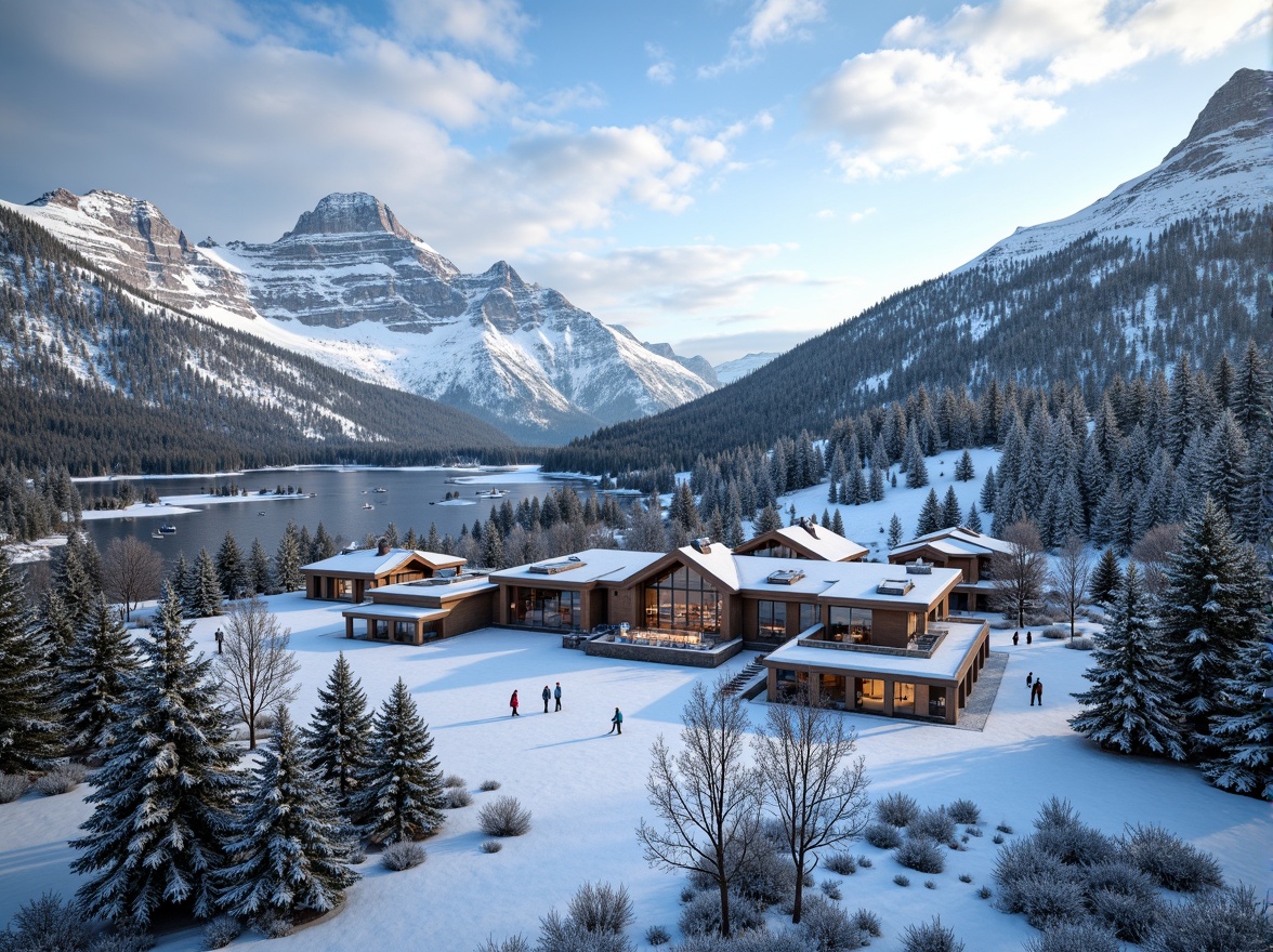 Prompt: Snow-capped mountain peaks, evergreen forests, frozen lakes, ski trails, chairlifts, gondolas, rustic wooden buildings, modern Alpine architecture, large stone fireplaces, cozy lounges, panoramic windows, snow-covered roofs, frosty mornings, crisp clean air, soft warm lighting, 3/4 composition, realistic textures, ambient occlusion.