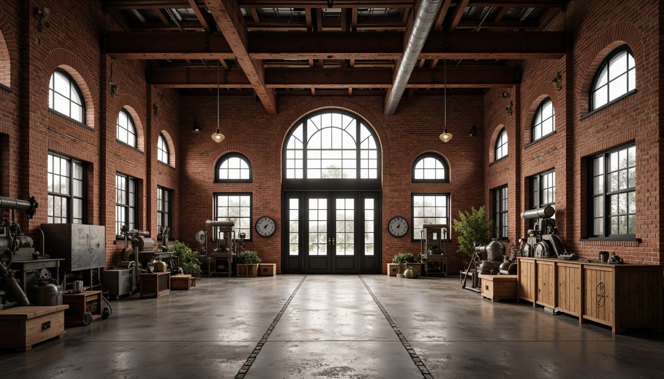 Prompt: Exposed brick walls, rusty metal beams, wooden crates, industrial lighting fixtures, vintage factory equipment, distressed concrete floors, arched windows, ornate metalwork, classic clock towers, grand entrance gates, symmetrical fa\u00e7ade composition, warm softbox lighting, 1/1 aspect ratio, realistic material textures, ambient occlusion, subtle atmospheric fog.