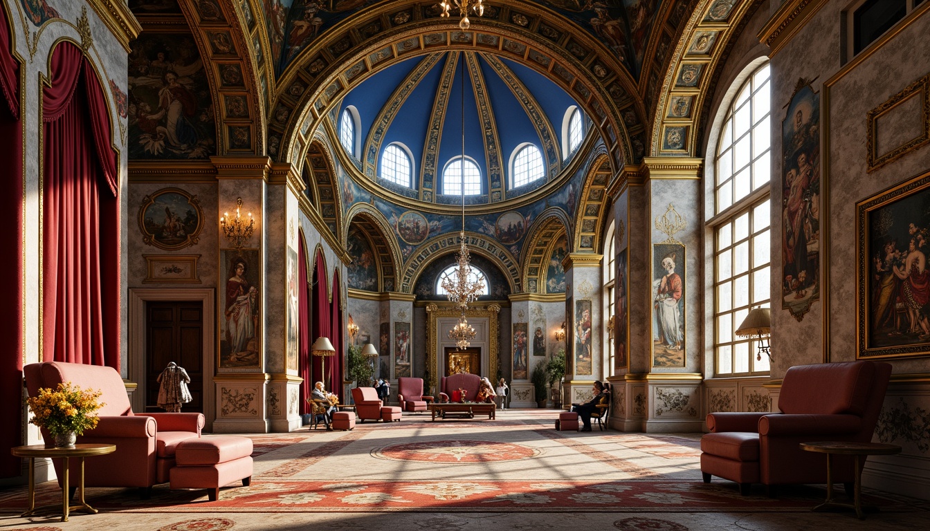 Prompt: \Majestic Byzantine cathedral, azure domes, golden accents, intricate mosaics, ornate frescoes, rich velvet drapes, lavish furnishings, regal thrones, ornamental archways, grandiose chandeliers, warm soft lighting, shallow depth of field, 3/4 composition, symmetrical balance, high contrast, vibrant colors, luxurious textures, ambient occlusion.\