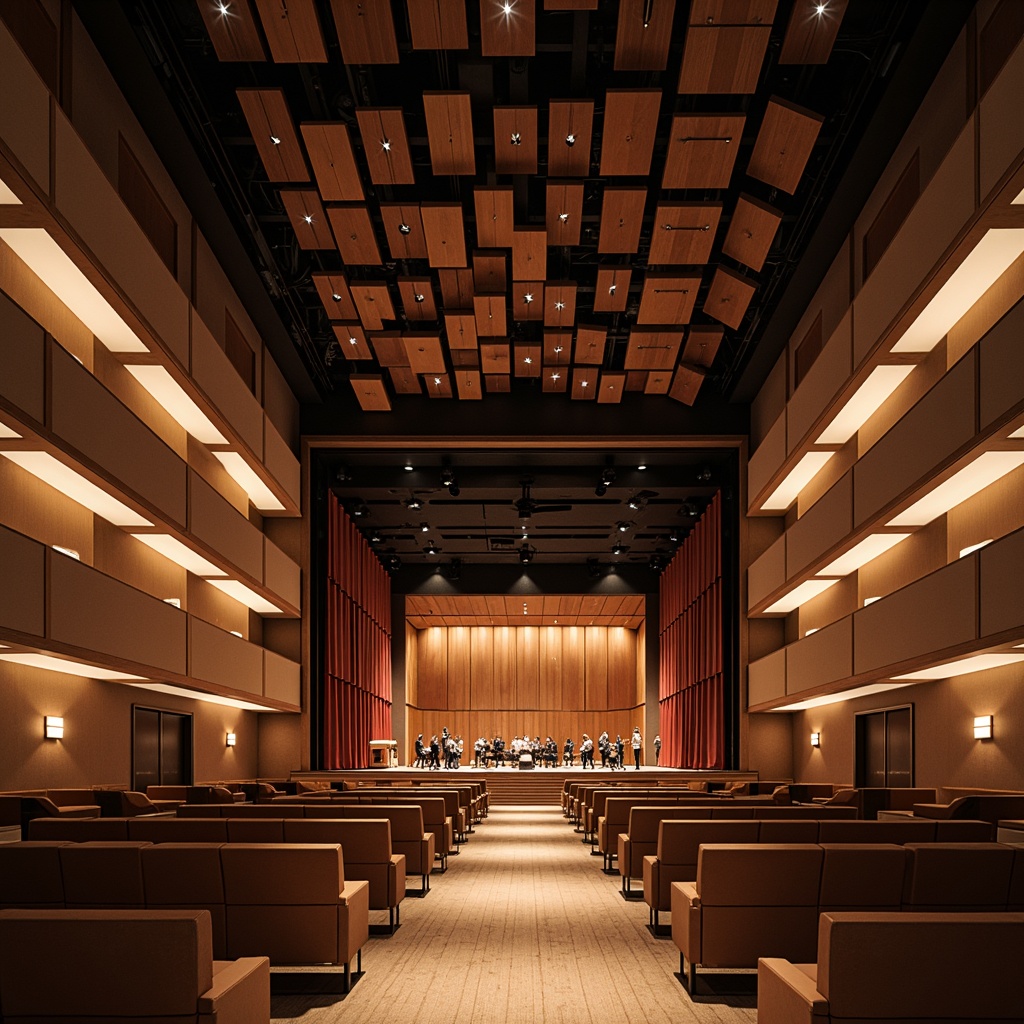 Prompt: Modern concert hall, spacious interior, high ceilings, soft warm lighting, wooden acoustic panels, comfortable seating, advanced ventilation systems, air purification units, gentle breeze circulation, scent-free atmosphere, sound-absorbing materials, state-of-the-art audio equipment, grand stage, dramatic curtain designs, richly textured carpets, polished wooden floors, elegant architectural details, 1/2 composition, realistic renderings, subtle ambient occlusion.