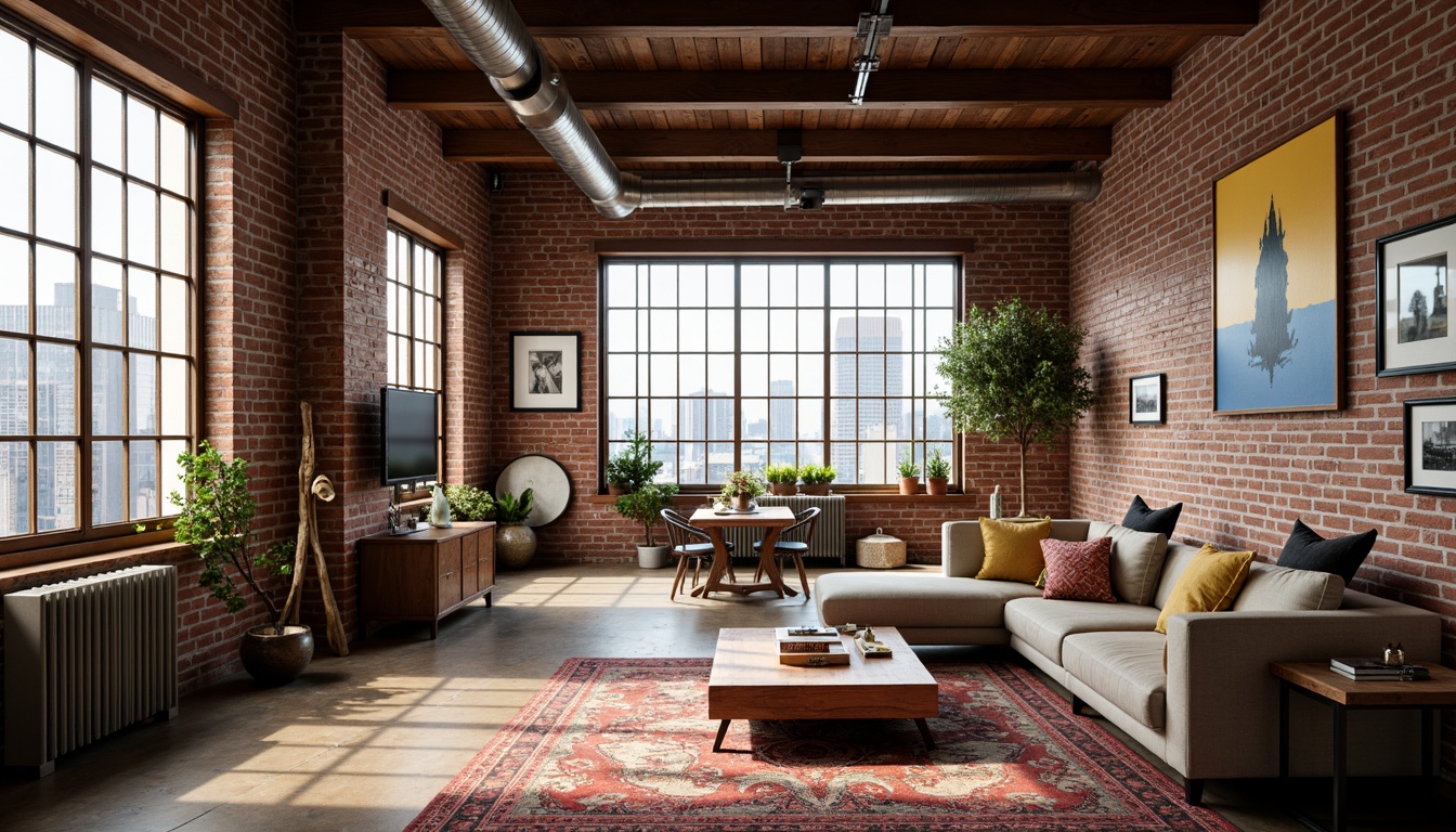 Prompt: Industrial chic loft, exposed brick walls, wooden beam ceilings, metal accents, reclaimed wood furniture, vintage decor, rich textiles, bold color pops, geometric patterns, modern minimalist vibe, urban cityscape views, natural light pouring in, soft warm glow, shallow depth of field, 1/1 composition, realistic textures, ambient occlusion.