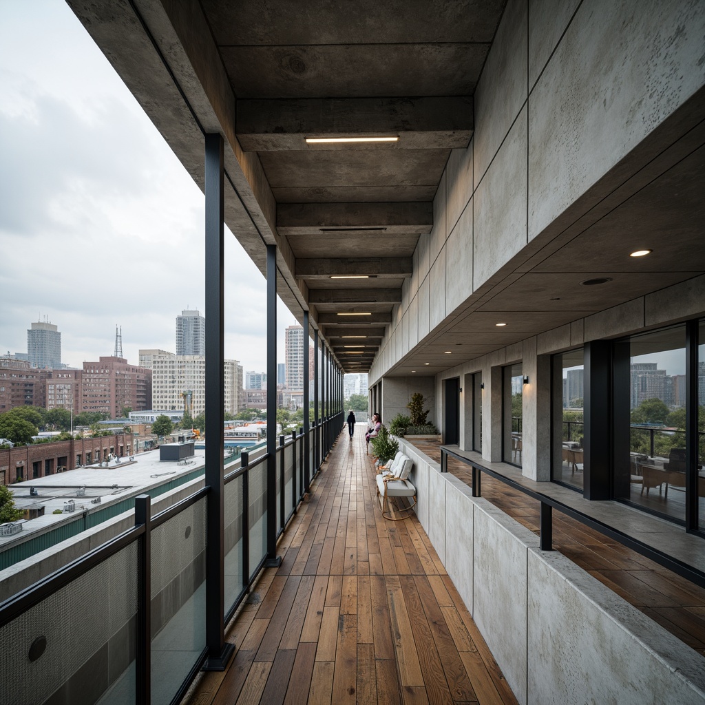 Prompt: Exposed concrete walls, raw metal beams, polished wooden floors, minimalist ornamentation, sleek glass railings, industrial-style lighting fixtures, brutalist architectural elements, rugged stone cladding, metallic mesh screens, futuristic window frames, cantilevered balconies, asymmetrical compositions, urban cityscape views, cloudy grey skies, dramatic shadows, high-contrast lighting, 1-point perspective, shallow depth of field, realistic material textures, ambient occlusion.