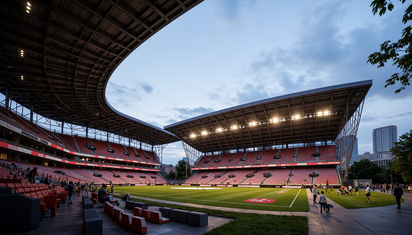 Prompt: Exposed steel beams, cantilevered roofs, dynamic curvature, sleek modern design, athletic stadium architecture, grandstand seating, vibrant sports team colors, floodlighting, dramatic shadows, high-contrast textures, abstract geometric patterns, rust-resistant coatings, industrial aesthetic, urban cityscape backdrop, evening golden hour lighting, 1-point perspective composition, shallow depth of field.