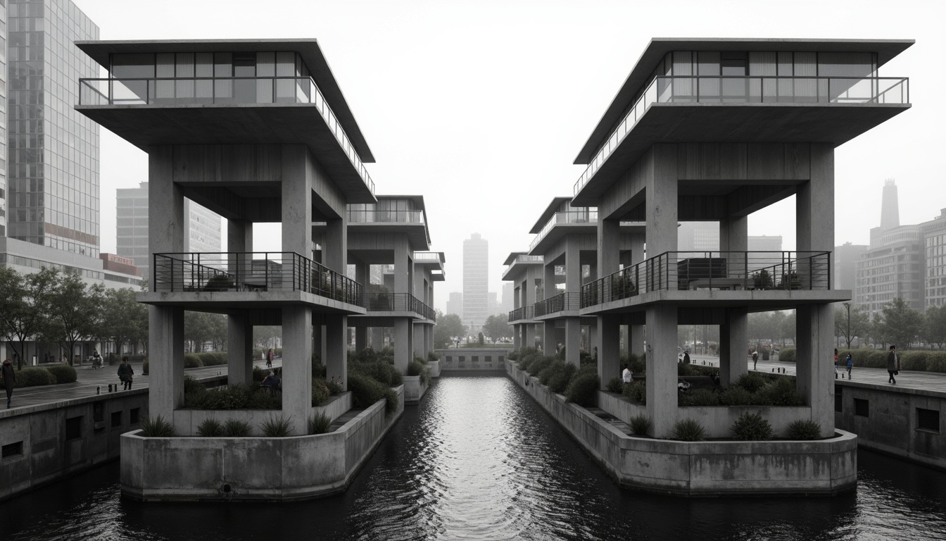 Prompt: Monochromatic watching towers, sleek metallic surfaces, bold geometric shapes, minimalist design, urban cityscape, concrete foundations, modernist architecture, functional simplicity, industrial materials, brutalist structures, atmospheric perspective, low-key lighting, cinematic composition, 2.35