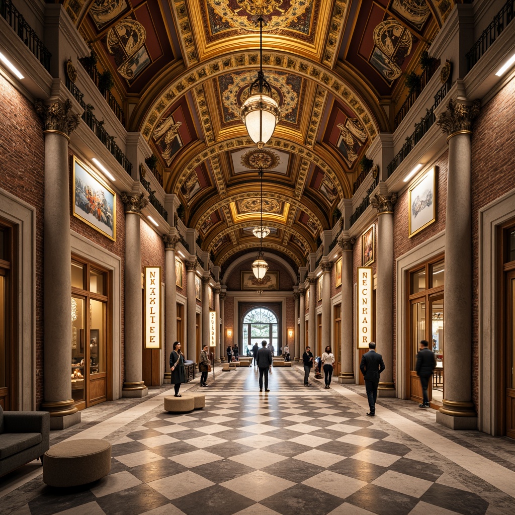 Prompt: Intricate stone carvings, ornate marble columns, grand arches, vibrant mosaic patterns, golden domes, intricate fresco ceilings, rustic brick walls, ornamental metalwork, lavish chandeliers, grandiose entranceways, symmetrical compositions, warm golden lighting, shallow depth of field, 3/4 composition, panoramic view, realistic textures, ambient occlusion.