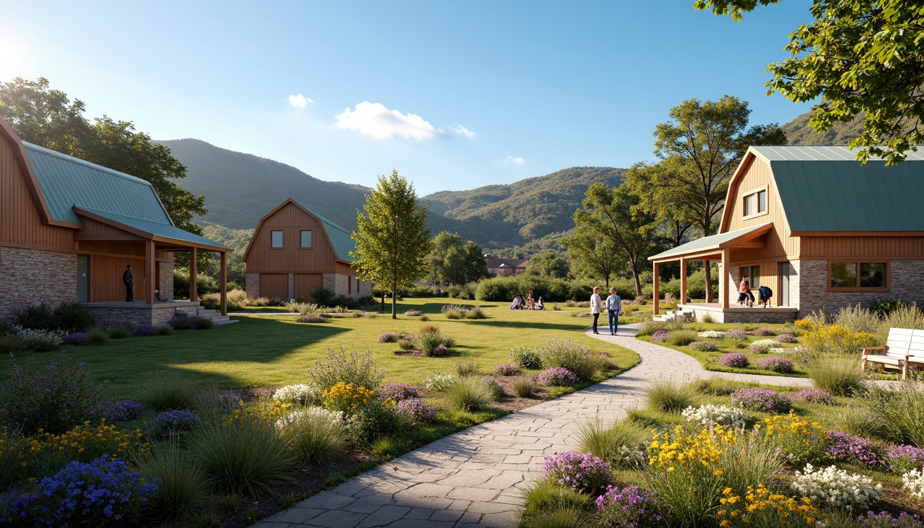 Prompt: Rustic barn-style buildings, earthy tones, natural stone walls, wooden accents, green roofs, overhanging eaves, outdoor classrooms, educational signage, meandering pathways, native wildflowers, mature trees, serene countryside, rolling hills, blue skies, warm sunlight, soft shadows, 1/1 composition, realistic textures, ambient occlusion.