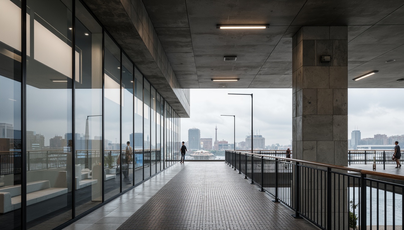 Prompt: Exposed concrete walls, polished steel beams, reflective glass fa\u00e7ades, minimalist ornamentation, sleek metal handrails, smooth wooden accents, industrial-style lighting fixtures, brutalist concrete columns, geometric patterned floor tiles, monochromatic color schemes, functional simplicity, urban cityscape backdrop, overcast cloudy sky, high-contrast dramatic shadows, 1/1 composition, cinematic wide-angle lens, realistic material reflections.