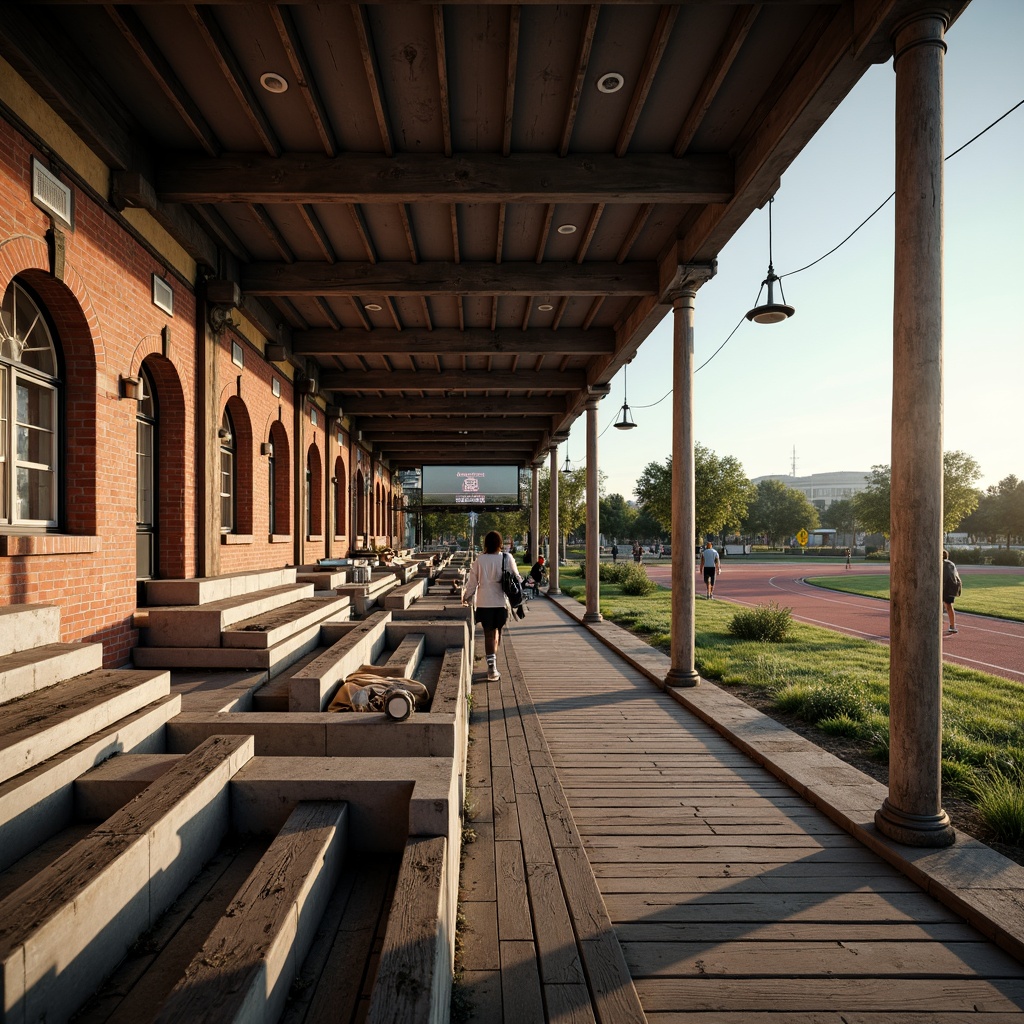 Prompt: Grandstand seating, vintage scoreboard, classic athletic tracks, nostalgic stadium lighting, rustic wooden benches, timeless brick facade, ornate stone carvings, symmetrical archways, elegant columns, sophisticated cornice details, warm earthy tones, soft afternoon sunlight, shallow depth of field, 2/3 composition, realistic textures, ambient occlusion.