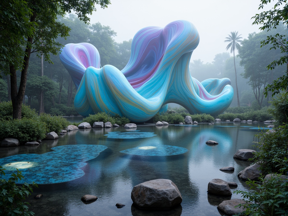 Prompt: Undulating blob-like structures, amorphous shapes, curvaceous lines, vibrant iridescent colors, translucent glass surfaces, fluidic patterns, organic textures, futuristic ambiance, misty atmosphere, soft diffused lighting, 1/1 composition, macro photography, intricate details, realistic reflections, ambient occlusion, natural stone foundations, lush greenery surroundings, serene forest landscape, foggy morning, mystical mood.