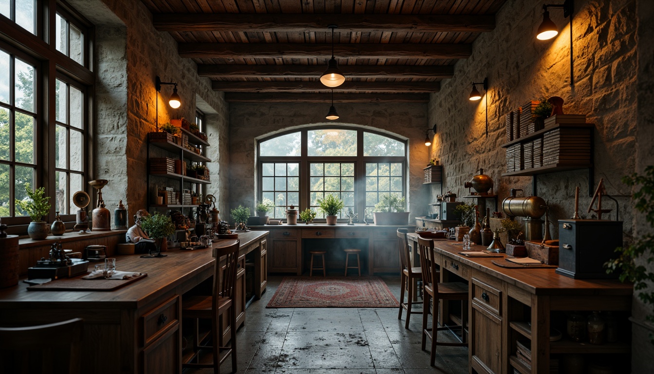 Prompt: Rustic laboratory, distressed wooden beams, vintage scientific equipment, ornate metal fixtures, dim warm lighting, aged stone walls, mysterious atmospheric mist, romantic ambiance, soft focus, 1/1 composition, cinematic mood, nostalgic color palette, worn leather-bound books, antique microscopes, elegant curved lines, rich wood tones, subtle texture details, dramatic shadows.