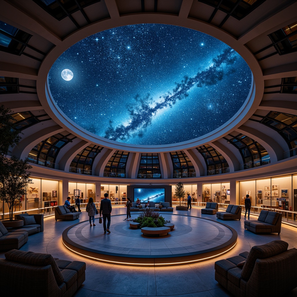 Prompt: Dome-shaped planetarium, starry night sky, celestial bodies, astronomical instruments, telescopes, observatory, futuristic architecture, curved lines, geometric patterns, metallic surfaces, glass domes, LED lighting, ambient glow, warm color scheme, cozy interior, comfortable seating, interactive exhibits, educational displays, 3D visualizations, virtual reality experiences, atmospheric sound effects, cinematic projections, panoramic views, shallow depth of field, realistic textures, ambient occlusion.