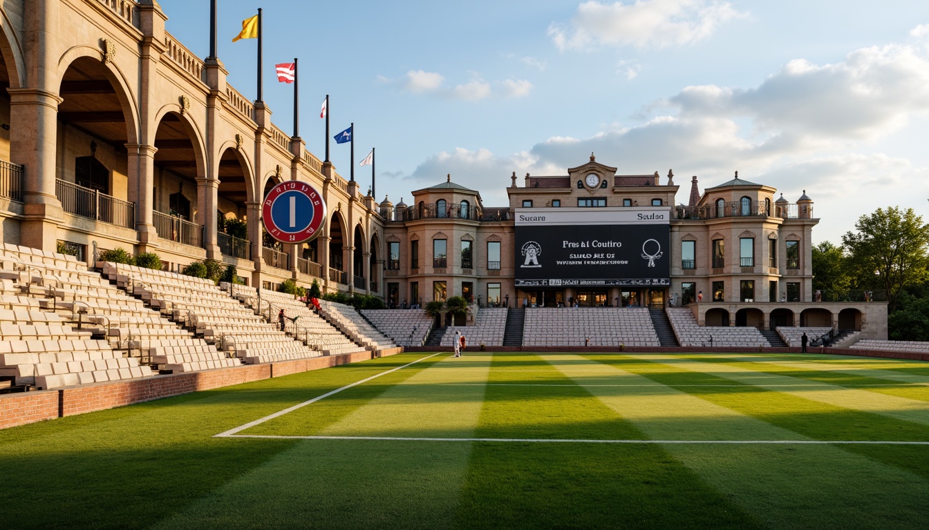 Prompt: Grandstand seating, iconic scoreboard, vintage sports equipment, classic columnar architecture, ornate cornices, intricate stone carvings, elegant archways, symmetrical facades, rustic brick walls, bronze statues, lush green fields, sunny afternoon, warm golden lighting, shallow depth of field, 1/2 composition, realistic textures, ambient occlusion.Please let me know if this meets your requirements!