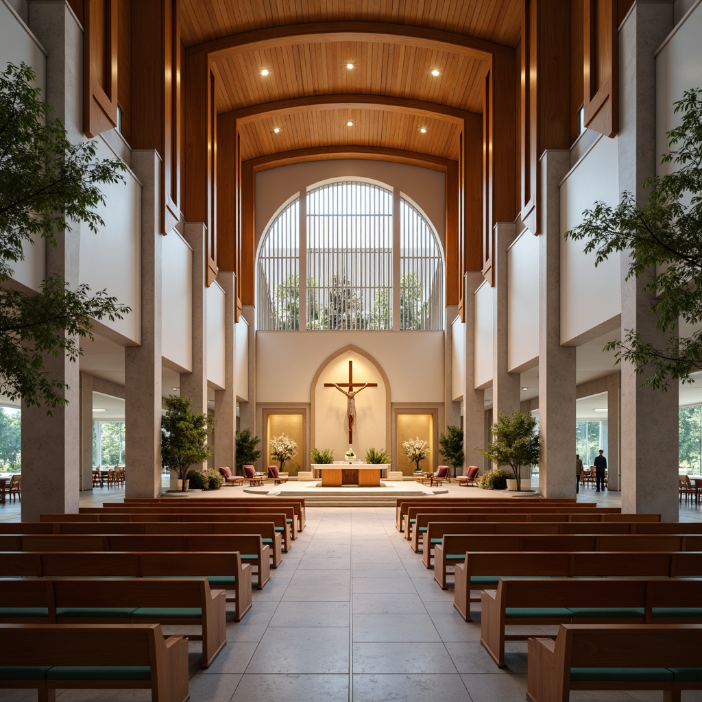 Prompt: Contemporary church interior, open worship space, minimalist altar, sleek wooden pews, stained glass windows, vaulted ceiling, natural stone flooring, ambient soft lighting, subtle color palette, modern Christian cross, innovative seating arrangements, circular communal seating, intimate gathering spaces, spiritual ambiance, serene atmosphere, gentle warm tones, shallow depth of field, 3/4 composition, panoramic view, realistic textures, ambient occlusion.