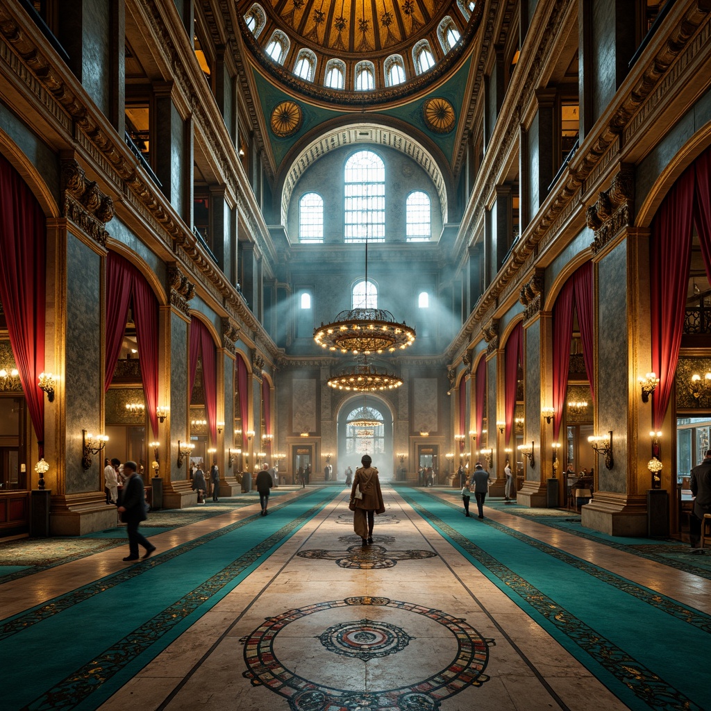 Prompt: Majestic Byzantine architecture, ornate golden domes, intricate stone carvings, vibrant azure hues, rich turquoise accents, lavish mosaics, opulent marble floors, regal crimson drapery, warm candlelight, mystical ambiance, atmospheric fog, shallow depth of field, 1/1 composition, symmetrical framing, soft warm lighting, realistic textures, ambient occlusion.