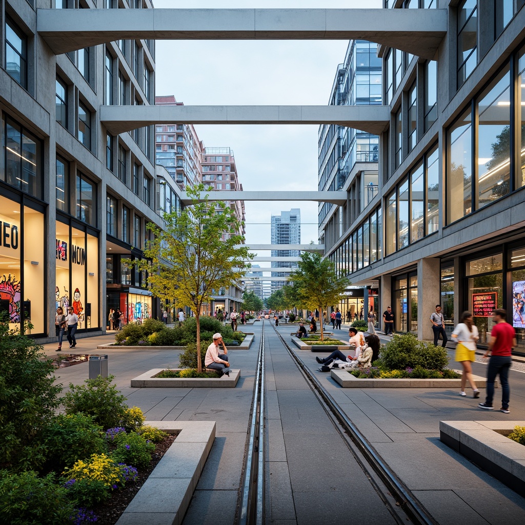 Prompt: Vibrant tram station, modern architecture, sleek metal beams, glass ceilings, natural light, urban landscape, bustling streets, pedestrian-friendly zones, public art installations, interactive exhibits, green walls, living roofs, eco-friendly furniture, LED lighting, dynamic ambiance, shallow depth of field, 1/1 composition, realistic textures, ambient occlusion.