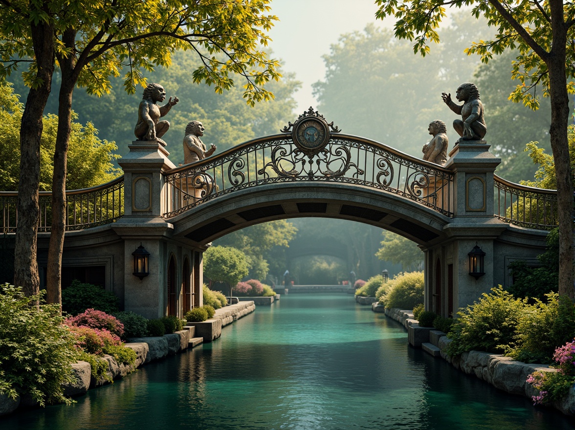 Prompt: \Ornate Art Nouveau bridge, sinuous metal railings, verdant greenery, vibrant flowers, iridescent blues, emerald greens, golden accents, ornamental lamps, intricate stonework, curved arches, whimsical gargoyles, misty morning light, warm golden lighting, shallow depth of field, 1/1 composition, symmetrical framing, realistic textures, ambient occlusion.\Please let me know if this meets your requirements!