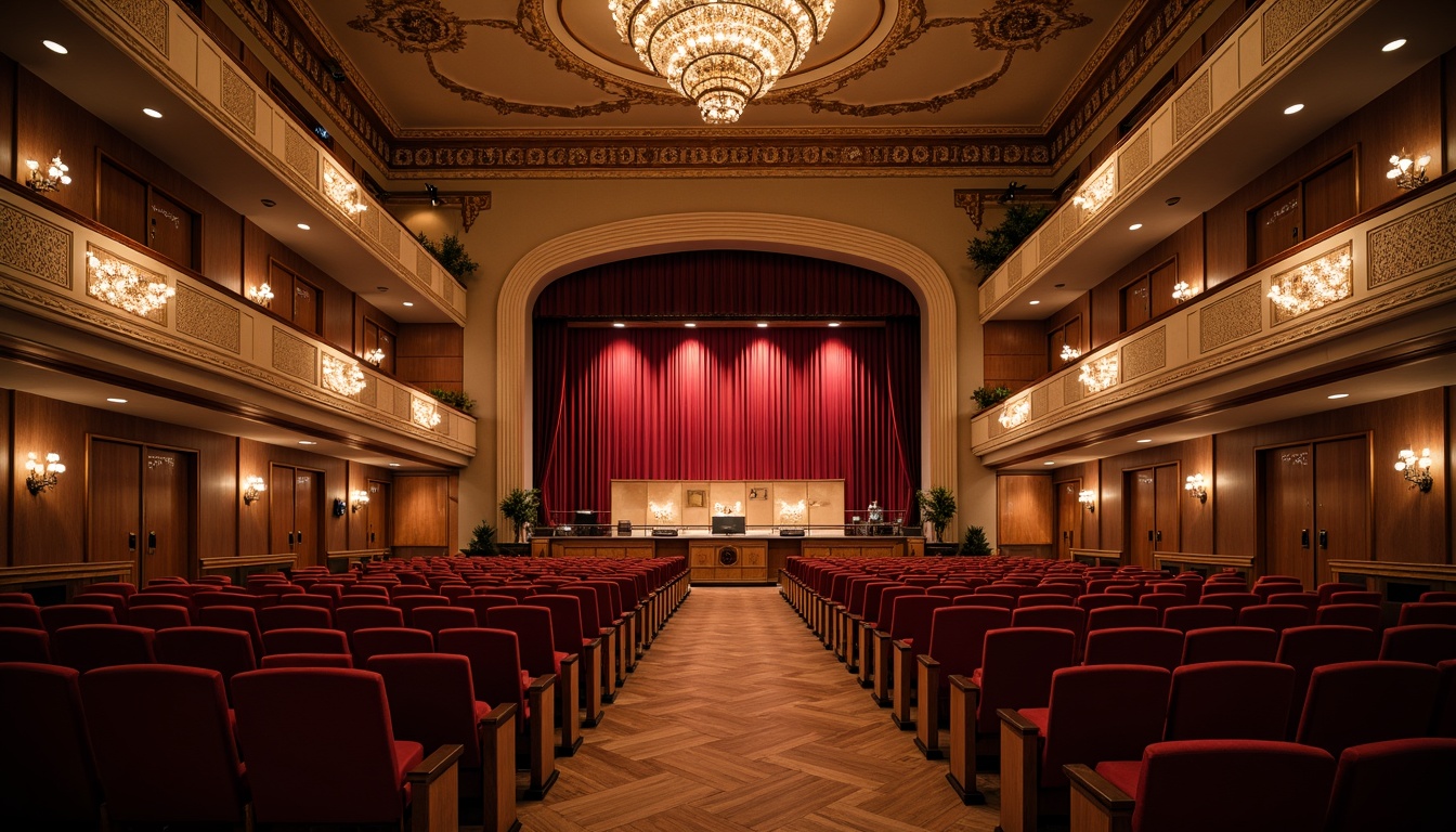 Prompt: Elegant auditorium interior, tiered seating, plush velvet chairs, wooden flooring, acoustic paneling, sound-absorbing materials, dramatic stage lighting, catwalks, ornate chandeliers, grandiose ceiling designs, sweeping arches, rich wood tones, subtle ambient lighting, 1/1 composition, symmetrical framing, warm color palette, intimate atmosphere, comfortable sightlines, clear audience visibility.