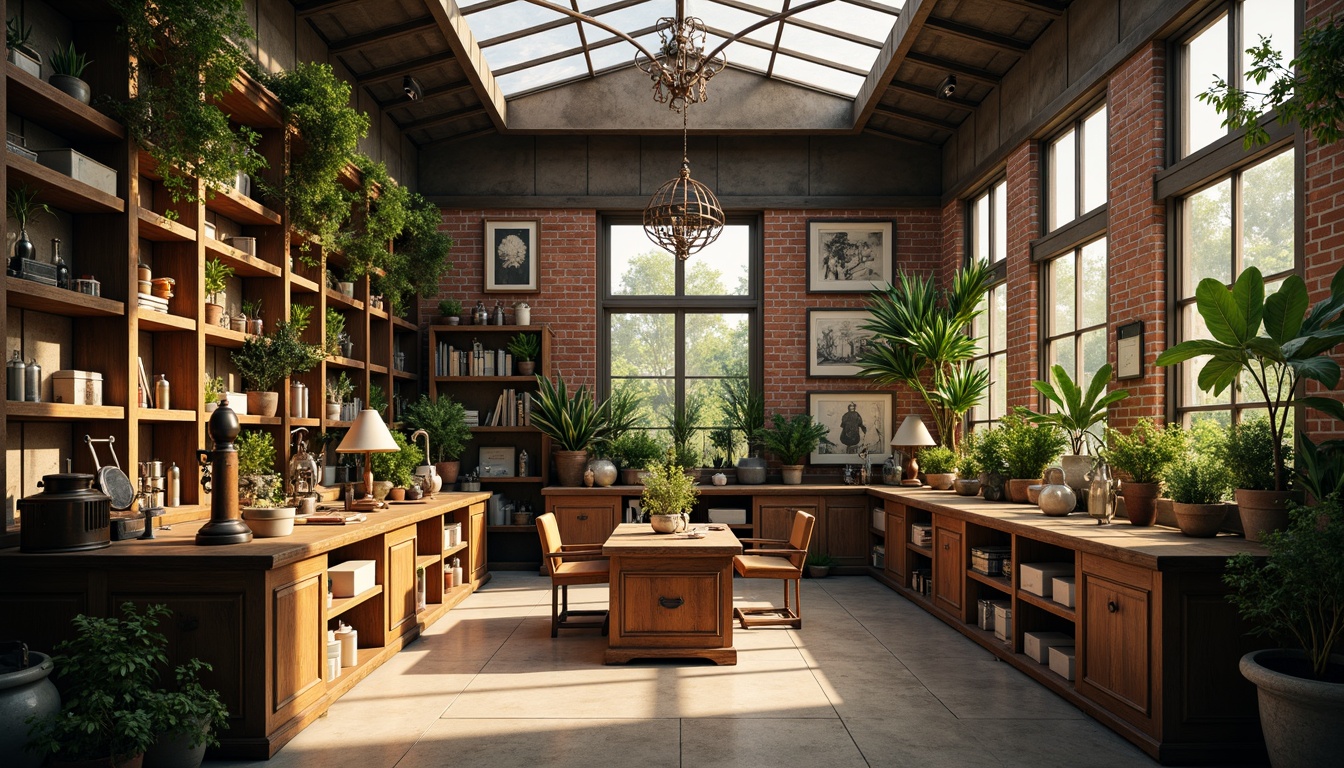 Prompt: Cozy laboratory interior, warm natural light, soft shadows, wooden lab tables, vintage scientific instruments, rustic metal shelves, distressed brick walls, earthy color palette, lush greenery, potted plants, botanical specimens, ornate chandeliers, warm beige flooring, large windows, glass ceiling, skylight illumination, indirect sunlight, 1/1 composition, shallow depth of field, soft focus, warm color grading.