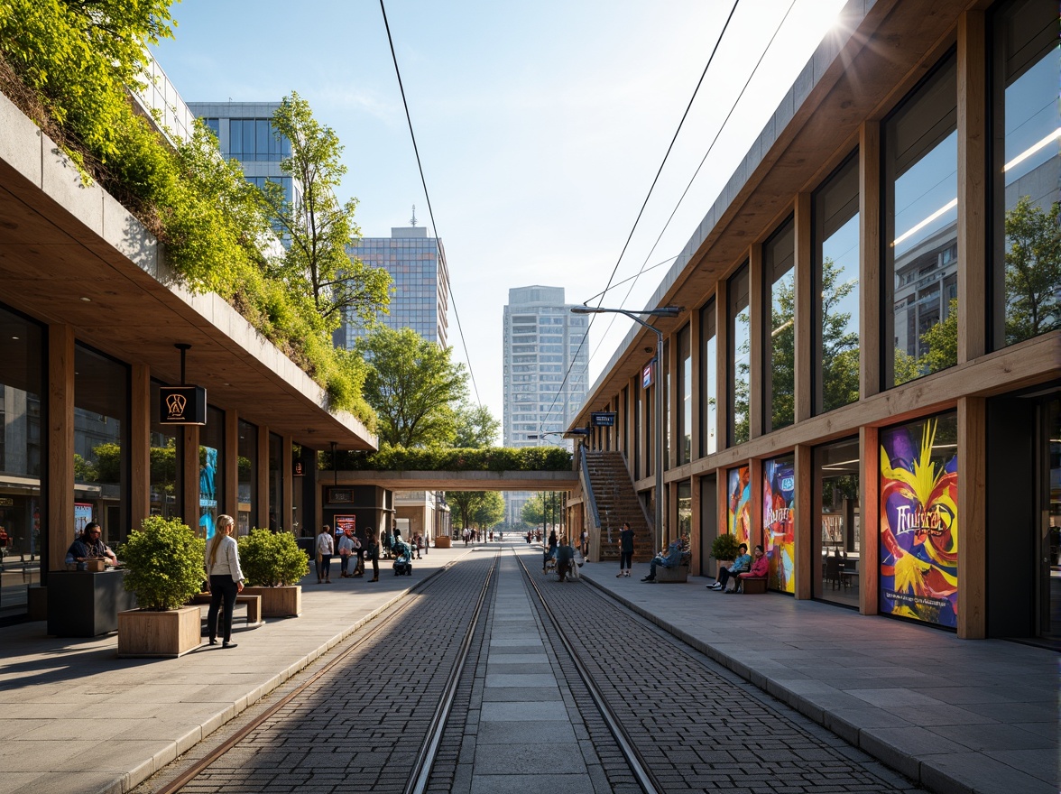 Prompt: Tranquil tram station, lush green roofs, natural stone walls, wooden accents, modern architecture, large glass windows, sliding doors, urban landscape integration, vibrant street art, bustling city life, morning sunlight, soft warm lighting, shallow depth of field, 3/4 composition, panoramic view, realistic textures, ambient occlusion, elevated platforms, staircases, pedestrian bridges, urban furniture, public seating areas, dynamic LED displays.