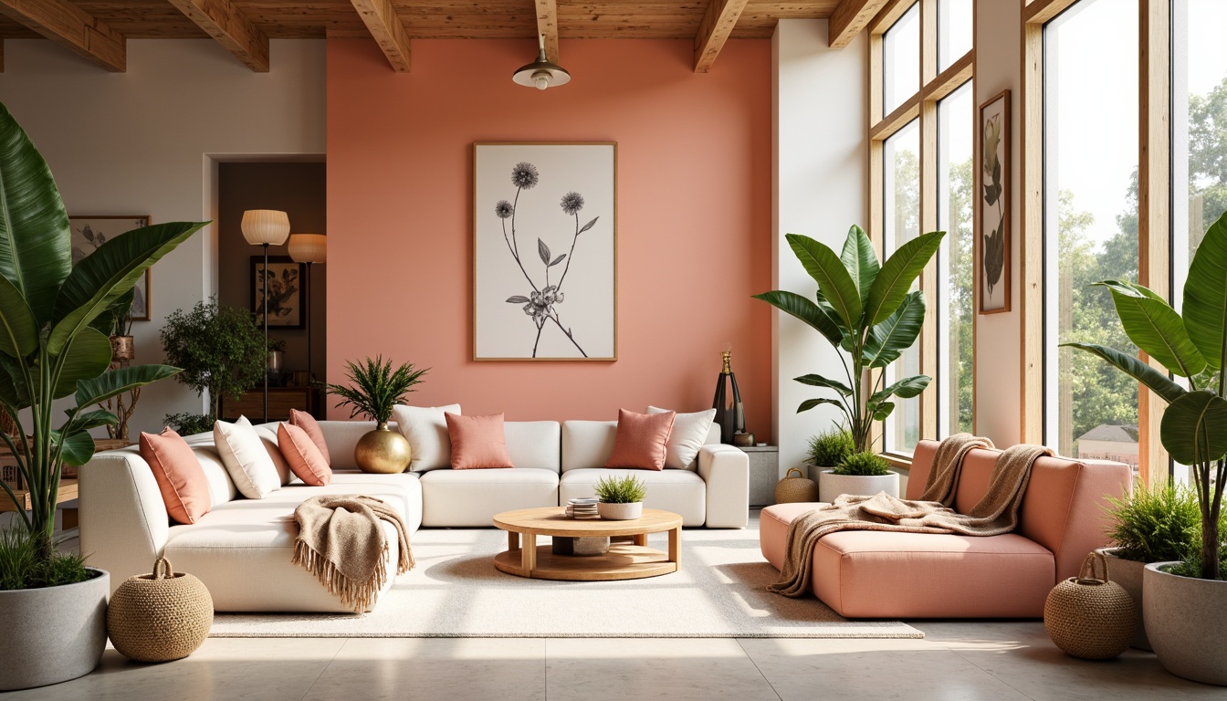 Prompt: Vibrant design studio, modern minimalist decor, bold accent walls, pastel furniture, rich wood tones, creamy whites, soft peach hues, metallic gold accents, natural textiles, abundant greenery, floor-to-ceiling windows, warm sunny lighting, shallow depth of field, 3/4 composition, realistic textures, ambient occlusion.