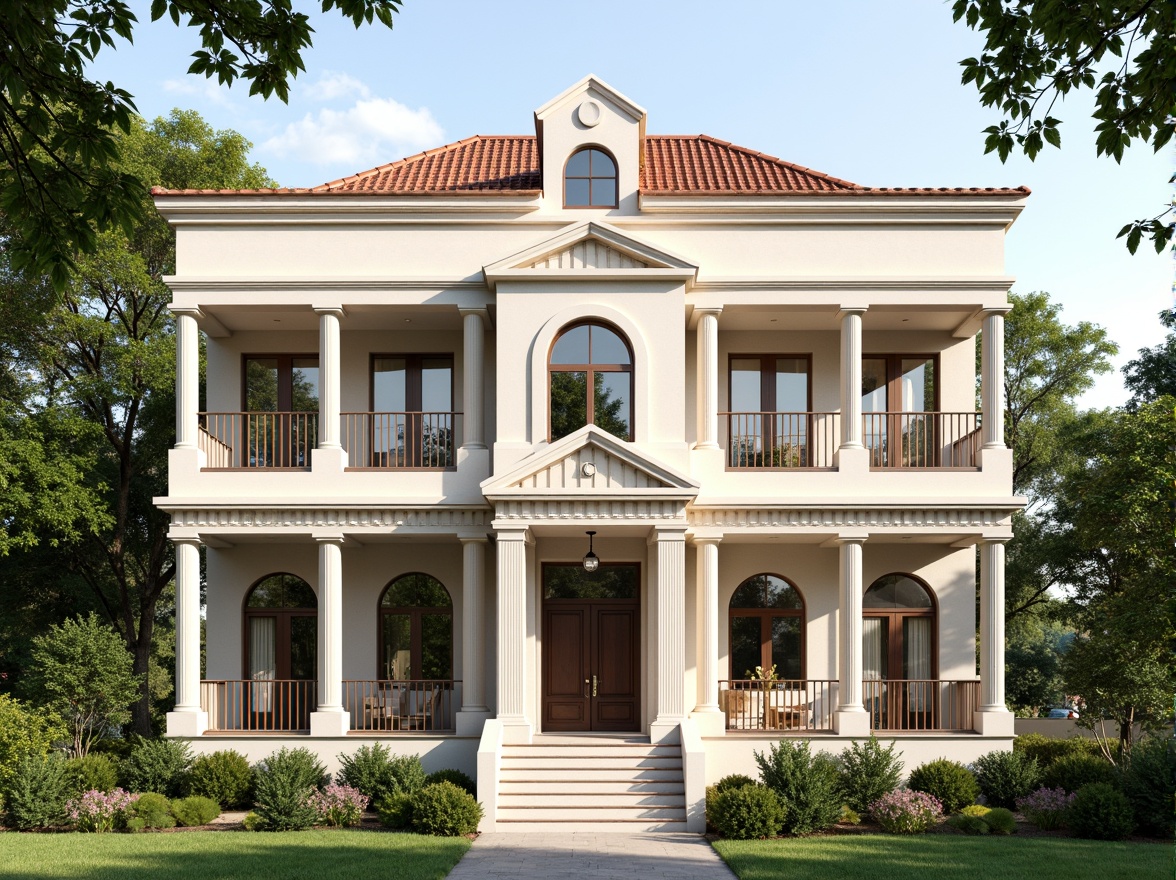 Prompt: Elegant social housing facade, classicist architecture style, ornate cornices, rusticated base, grand entranceways, symmetrical composition, ionic columns, decorative balconies, wrought iron railings, neutral color palette, creamy stone walls, red tiled roofs, lush greenery, manicured lawns, serene atmosphere, soft natural lighting, shallow depth of field, 1/1 composition, realistic textures, ambient occlusion.