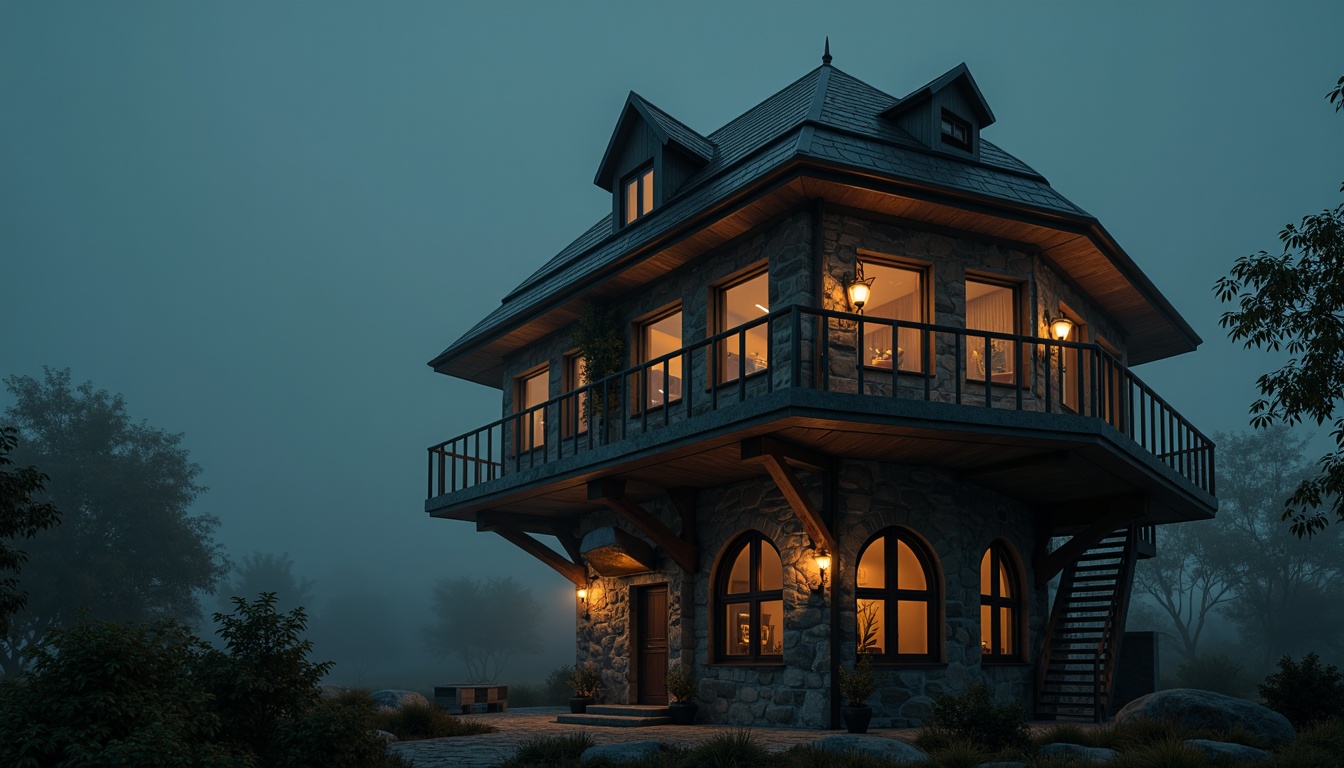 Prompt: Rustic watching tower, distressed stone walls, wooden beam structures, aged copper roofing, ornate ironwork, mystical lanterns, winding staircases, Gothic arches, eerie foggy atmosphere, dimly lit torches, misty dawn, dramatic high-contrast lighting, 1/1 composition, close-up shots, detailed textures, cinematic mood.