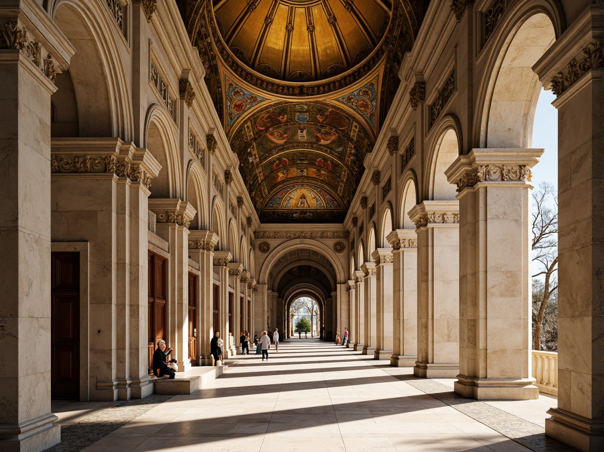 Prompt: Intricate stone carvings, ornate arches, grand domes, golden mosaics, vibrant frescoes, marble columns, ornamental capitals, decorative friezes, symmetrical facades, richly textured stonework, subtle rustic tones, warm sunny lighting, high-contrast shadows, 1/2 composition, detailed textures, ambient occlusion.