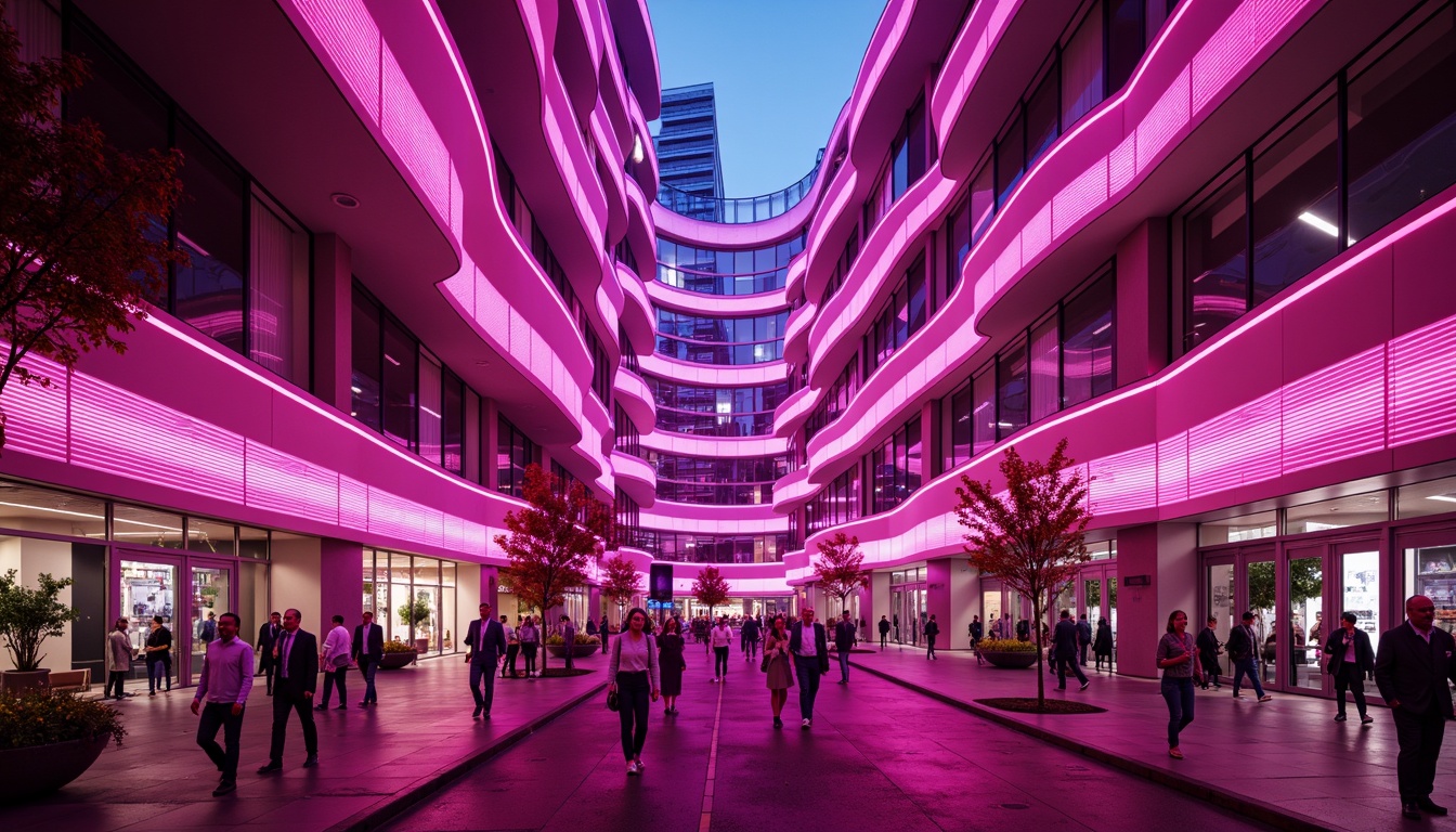 Prompt: Vibrant magenta buildings, futuristic architecture design, neon-lit cityscape, electric atmosphere, dynamic curves, abstract patterns, iridescent glass facades, metallic accents, bold geometric shapes, urban landscape, bustling streets, crowded sidewalks, moody lighting, high-contrast shadows, 3/4 composition, cinematic view, stylized reflections, dramatic depth of field.