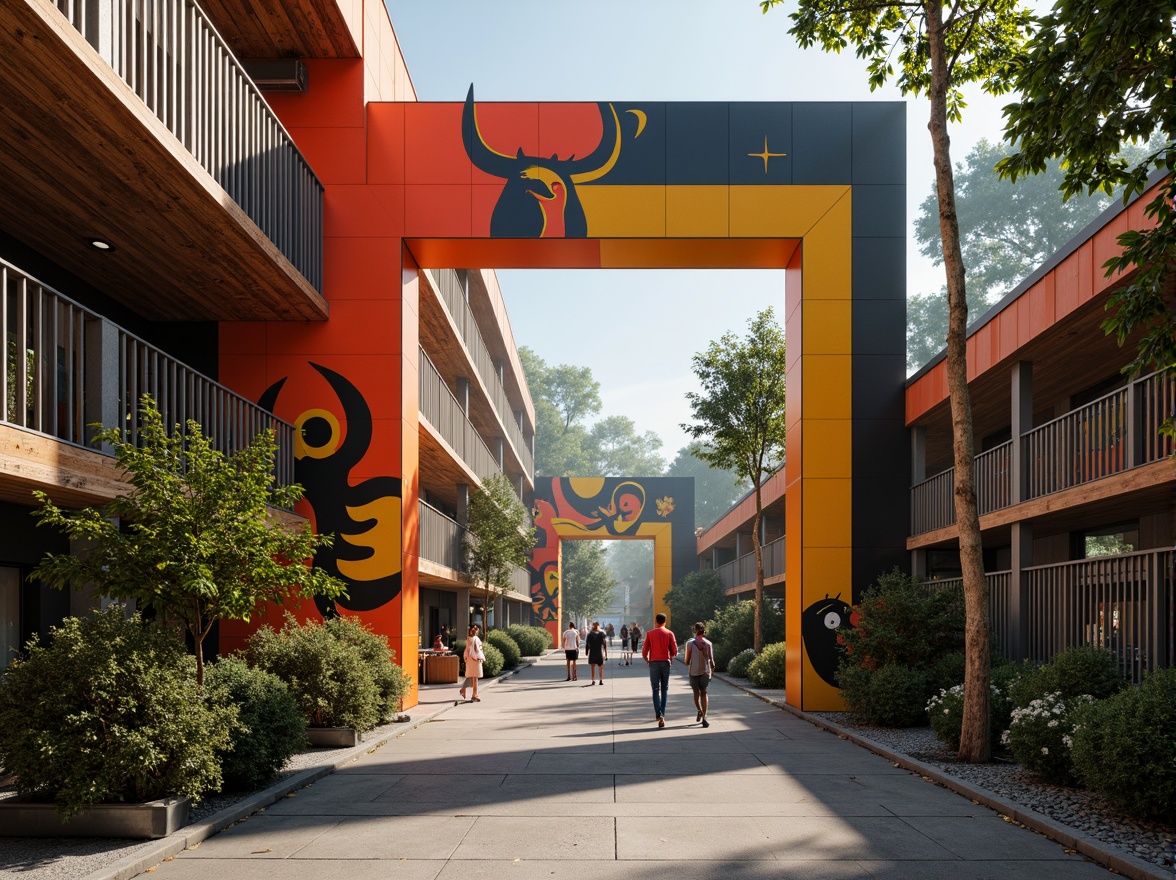 Prompt: Vibrant zoo entrance, bold constructivist architecture, bright primary colors, geometric shapes, abstract animal patterns, industrial materials, exposed pipes, metal grids, rustic wooden accents, urban jungle atmosphere, misty morning light, soft focus, 1/1 composition, realistic textures, ambient occlusion.