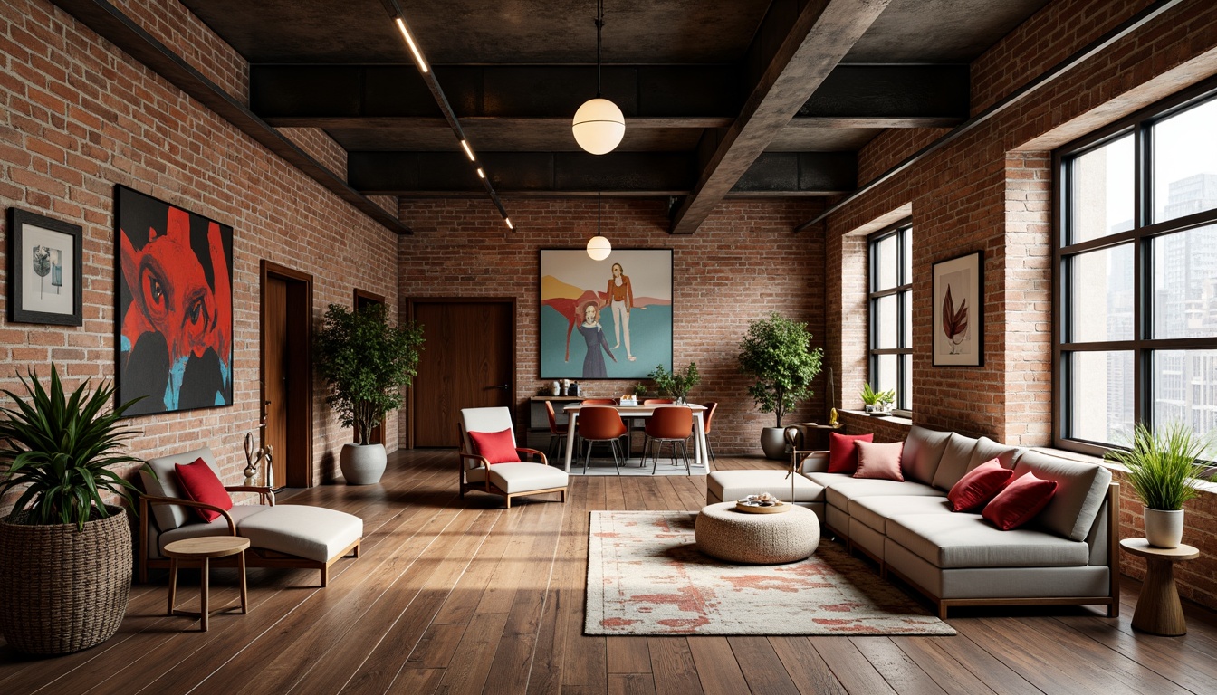 Prompt: Industrial chic loft, exposed brick walls, metal beams, reclaimed wood floors, urban atmosphere, vibrant color accents, bold artwork, eclectic furniture pieces, abstract patterns, statement lighting fixtures, minimalist decor, cozy reading nooks, plush area rugs, natural textiles, earthy tones, warm ambiance, softbox lighting, 1/2 composition, intimate mood, realistic renderings.