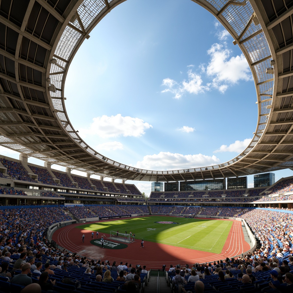 Prompt: Futuristic football stadium, dynamic curvilinear lines, angular steel structures, cantilevered roofs, vibrant team colors, athletic tracks, lush green grass, floodlights, dramatic shading, 3/4 composition, low-angle shot, realistic reflections, ambient occlusion, modernist architecture, sleek glass facades, bold concrete forms, expressive cantilevers, kinetic energy, fast-paced atmosphere, intense spectator seating, dynamic crowd movements, sunny day, soft warm lighting, shallow depth of field.