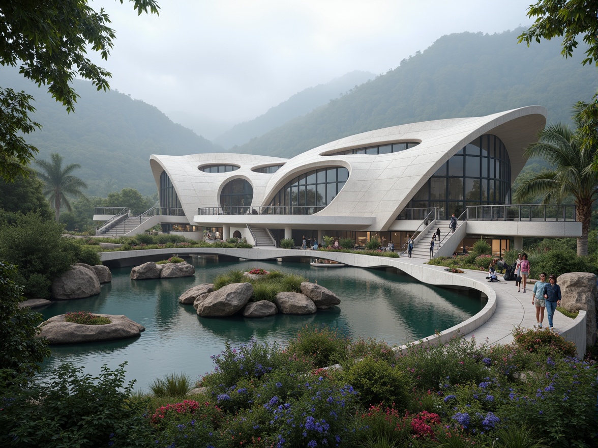 Prompt: Celestial-themed planetarium building, futuristic architecture, gleaming white stone walls, curved lines, domed roof, surrounding lush greenery, vibrant flowers, winding walkways, natural rock formations, tranquil water features, ambient outdoor lighting, misty atmosphere, shallow depth of field, 3/4 composition, panoramic view, realistic textures, ambient occlusion.