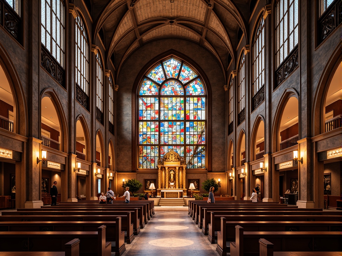 Prompt: Opulent Art Deco church, vibrant stained glass windows, intricate geometric patterns, ornate metal frames, luxurious velvet drapes, grandiose high ceilings, majestic altar, ornamental golden accents, rich wood tones, polished marble floors, soft warm lighting, shallow depth of field, 1/1 composition, detailed textures, ambient occlusion.