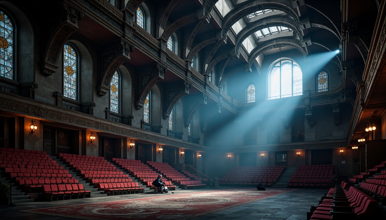 Prompt: Mysterious Gothic stadium, dark stone walls, ominous arches, grandiose vaulted ceilings, intricate carvings, rich crimson red accents, deep indigo blue tones, eerie misty atmosphere, dramatic spotlighting, warm golden lighting, ornate ironwork details, lavish velvet fabrics, mystical symbolic patterns, ancient weathered textures, cinematic wide-angle shots, 1/2 composition, low-key lighting, atmospheric fog effects.