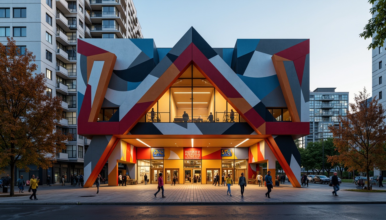 Prompt: Vibrant gymnasium facade, bold expressionist architecture, dynamic angular forms, contrasting material textures, exposed concrete, metallic accents, geometric patterns, abstract murals, bright color blocking, dramatic lighting effects, deep shadows, high-contrast photography, 1/2 composition, wide-angle lens, cinematic atmosphere, atmospheric misting, urban cityscape background, morning golden hour, warm soft light.