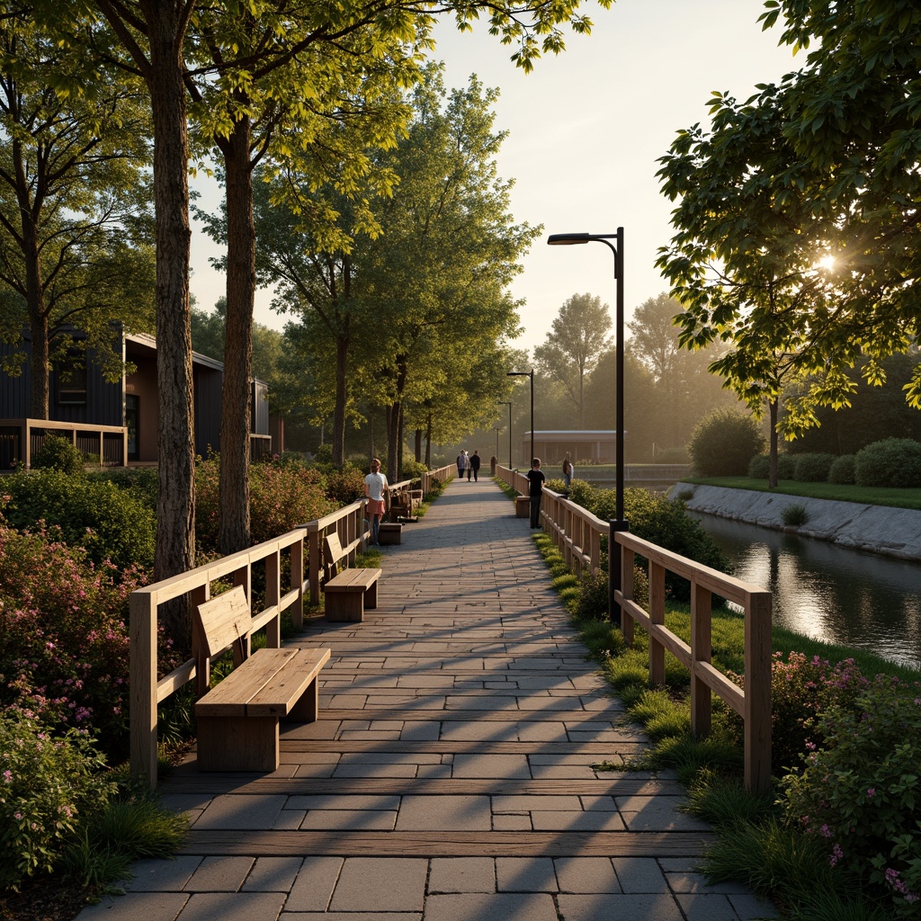 Prompt: Rustic pedestrian bridge, meandering watercourse, lush greenery, vibrant flowers, natural stone pathways, wooden railings, ornate lamp posts, warm sunset lighting, shallow depth of field, 1/2 composition, serene atmosphere, realistic textures, ambient occlusion, gentle flowing water, subtle mist effects, surrounding trees, scenic overlooks, benches with backrests, decorative planters.