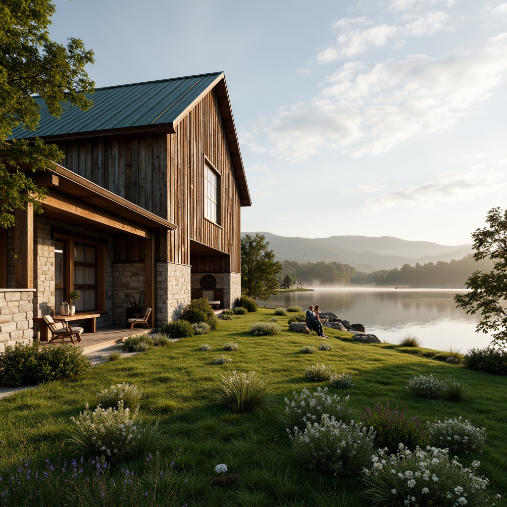 Prompt: Rustic barn, wooden accents, natural stone walls, green roof, lush meadow, wildflowers, serene lake, misty morning, warm sunlight, soft focus, shallow depth of field, 2/3 composition, panoramic view, realistic textures, ambient occlusion, vintage farming tools, distressed wood furniture, earthy color palette, organic shapes, harmonious blending, ecologically sustainable design.