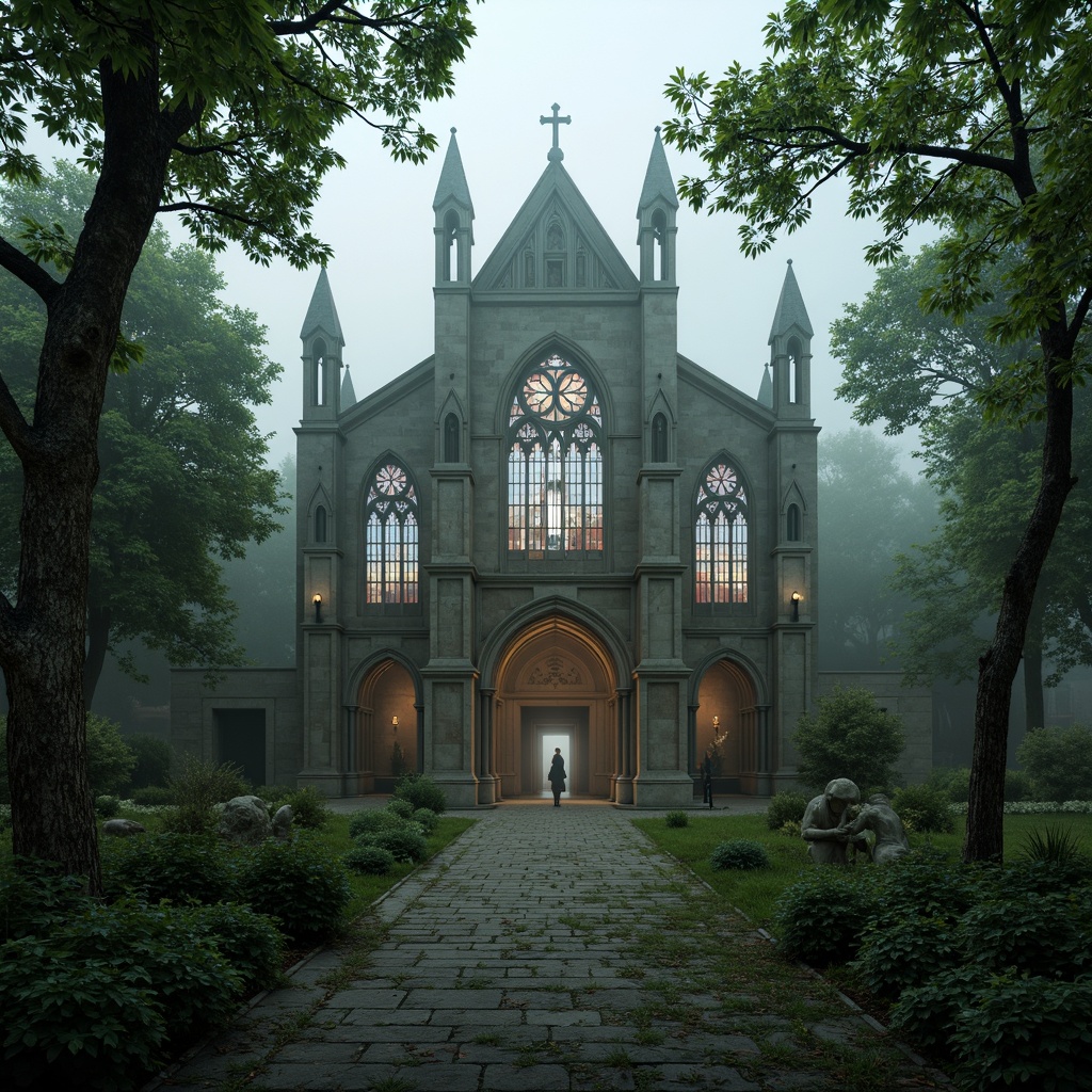 Prompt: Mystical Gothic cathedral, intricate stone carvings, grandiose stained glass windows, ornate pinnacles, lush greenery, misty atmosphere, foggy mornings, soft warm lighting, eerie shadows, mysterious ambiance, winding stone pathways, overgrown ruins, moss-covered statues, ancient trees, twisted branches, mystical fog, 1/1 composition, symmetrical framing, cinematic lighting, high contrast ratio, realistic textures, ambient occlusion.